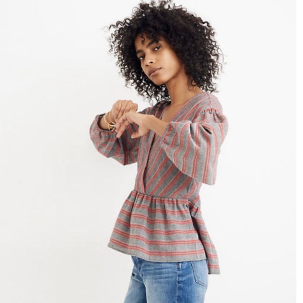 MADEWELL Gray and Red Striped Wrap Front Balloon Sleeve Peplum Hem Top - Picture 4 of 12